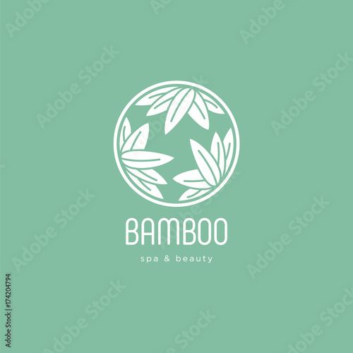  Bamboo logo. Spa emblem. Bamboo leaves in a circle with letters. Green background.