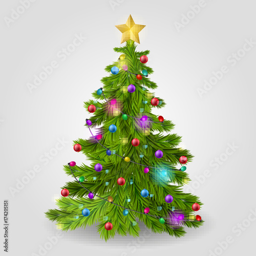 The Christmas tree is decorated with balls, a garland and a golden star