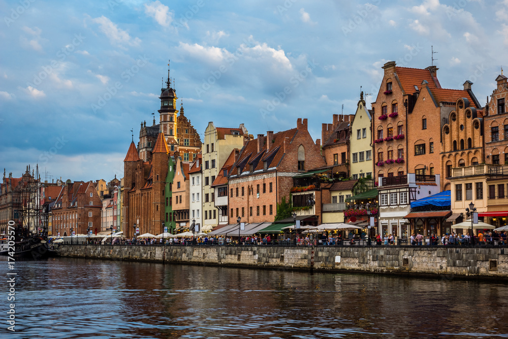 Mariacka Gate and historic buildings on old town in Gdansk city, Poland