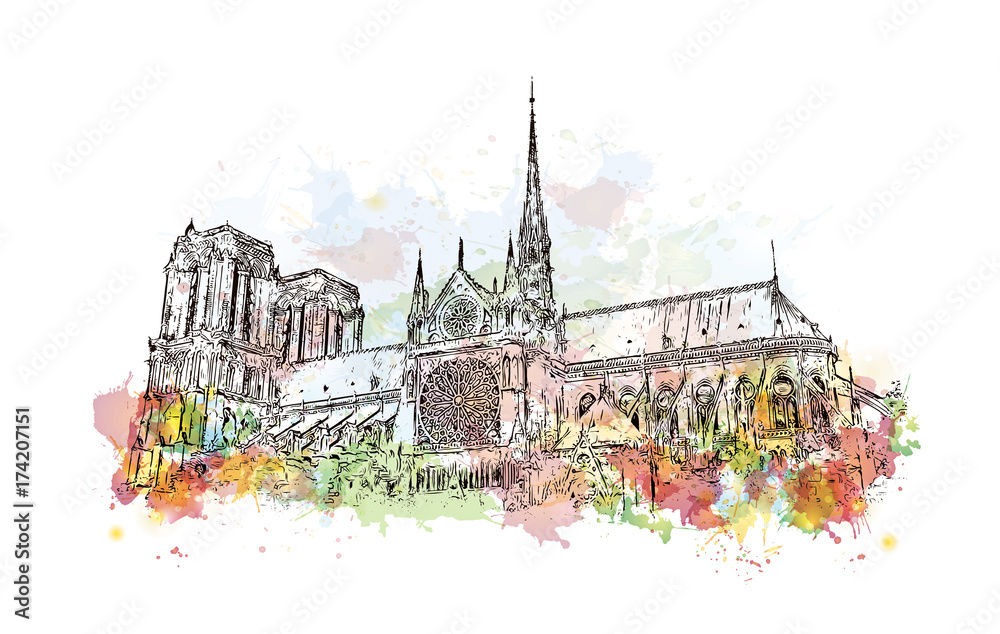 Watercolor sketch of Notre-Dame de Paris France in vector illustration.