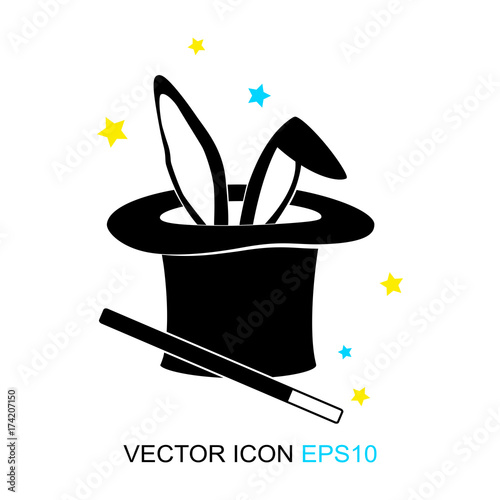 Magic trick-rabbit in the hat of the master. rabbit in black hat cylinder. A flat icon. Sign. Vector. Logo. Vector illustration.