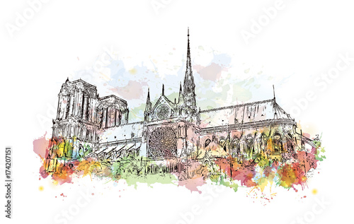 Watercolor sketch of Notre-Dame de Paris France in vector illustration.