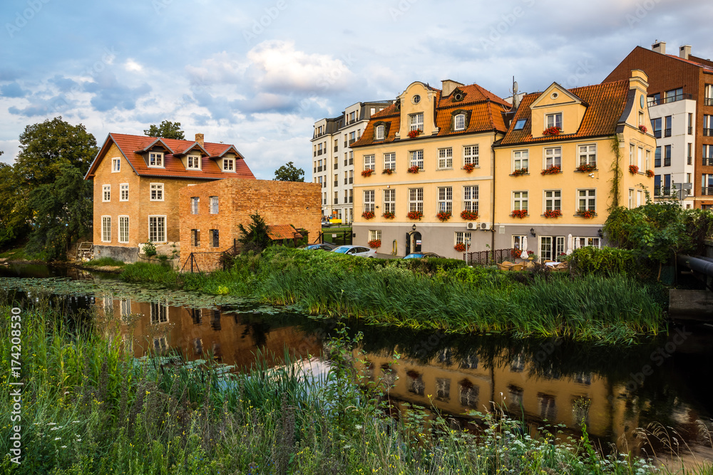 Historic buildings and Stepce channel in Gdansk city, Poland