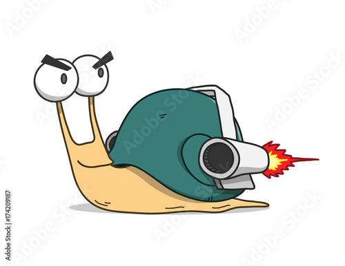 Snail Wearing Turbo Rocket Speed Booster, a hand drawn vector doodle illustration of a fast moving snail wearing rocket.