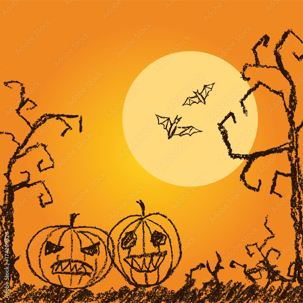 Halloween orange background with spooky naked trees, moon, bat and pumpkin. Crayon, chalk pastel or pencil hand drawn simply grunge horror illustration.