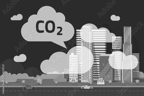 CO2 reduction emissions carbon air by big city town vector illustration, flat cartoon c02 urban scene and carbon dioxide chemical or pollution clouds by town, smoke or smog, ecology problem