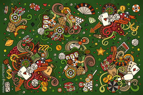 Colorful vector hand drawn doodles cartoon set of Casino objects