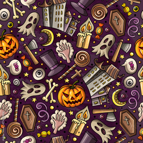 Cartoon cute hand drawn Halloween seamless pattern