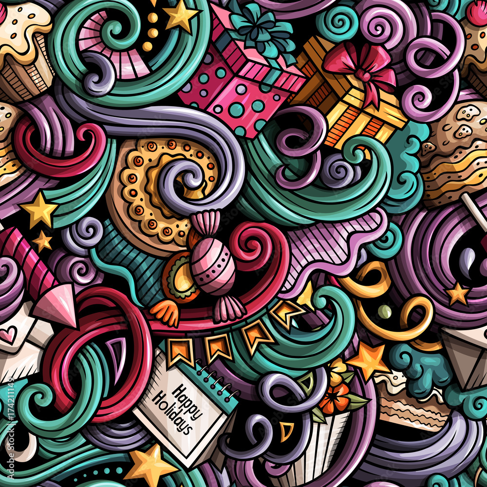 Cartoon cute doodles hand drawn Holidays seamless pattern
