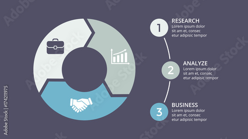Vector circle arrows infographic, cycle diagram, graph, presentation chart. Business concept with 3 options, parts, steps, processes. 16x9 dark slide template.