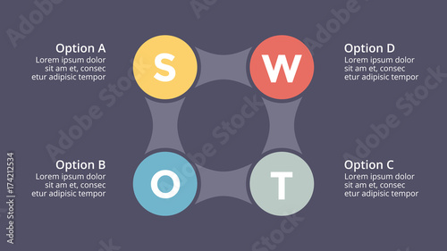 Vector SWOT analysis square metaball infographic, cycle diagram, graph, presentation chart. Business concept with 4 options, parts, steps, processes. 16x9 dark slide template.