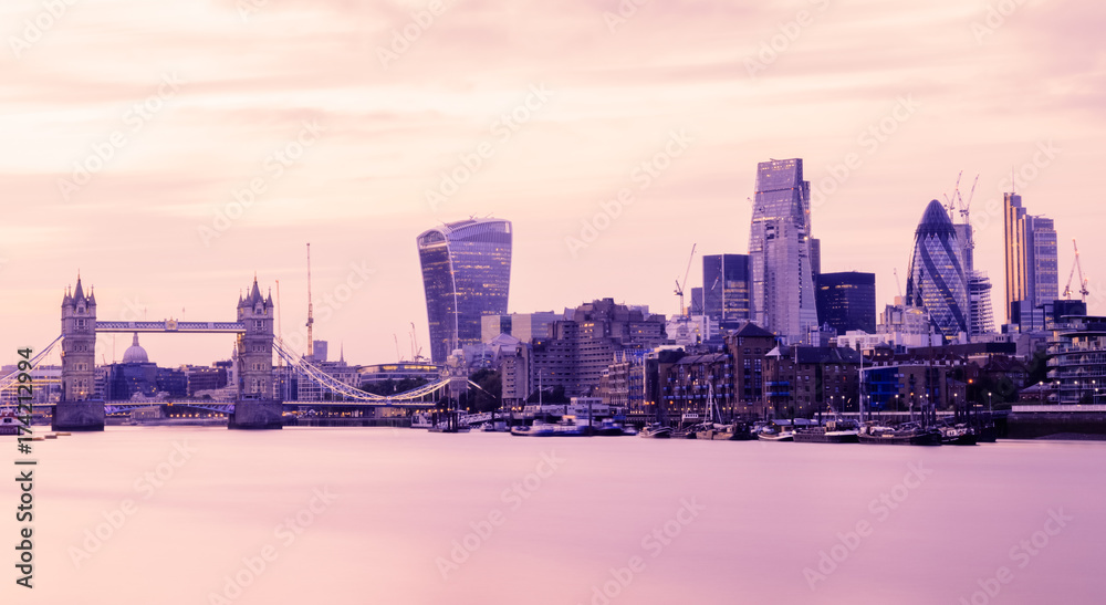 Long exposure, panoramic view of London cityscape at sunset