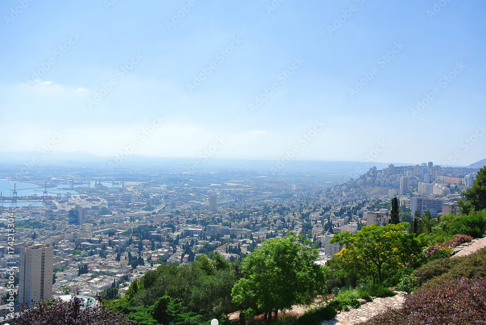 Panorama of Haifa and view of the Bahai Gardens and the Bahai Temple. Israel