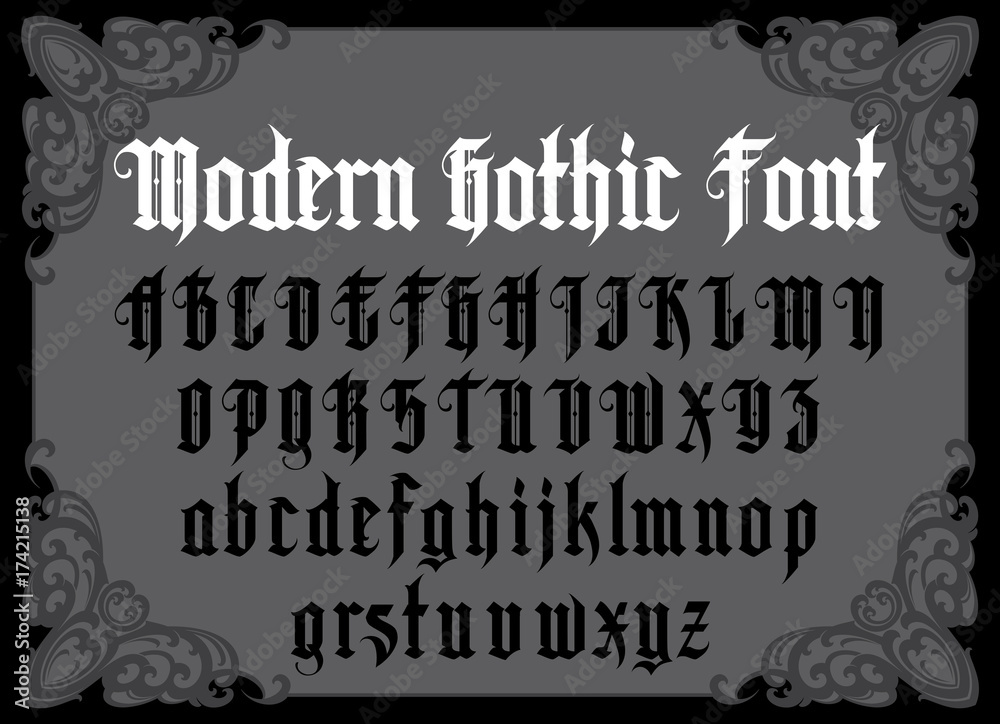 Vector modern gothic alphabet in frame. Vintage font. Typography for labels, headlines, posters etc. 
