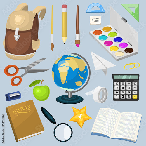 School supplies stationary educational backpack equipment vector illustration.