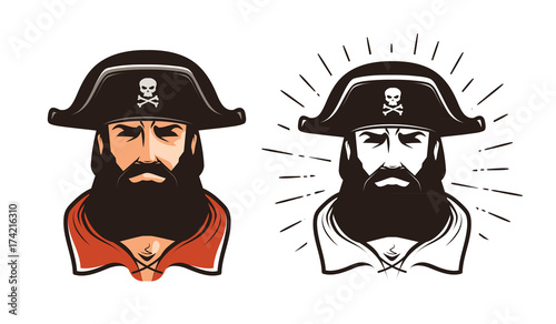 Angry pirate. Portrait of bearded filibuster in hat. Cartoon vector illustration