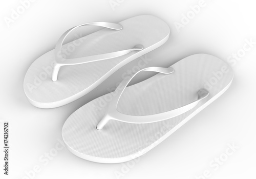 Pair of blank white beach slippers, design mock up, clipping path, 3d illustration. Home plain flip flops mock up template. Clear bath sandal display. Bed shoes. photo