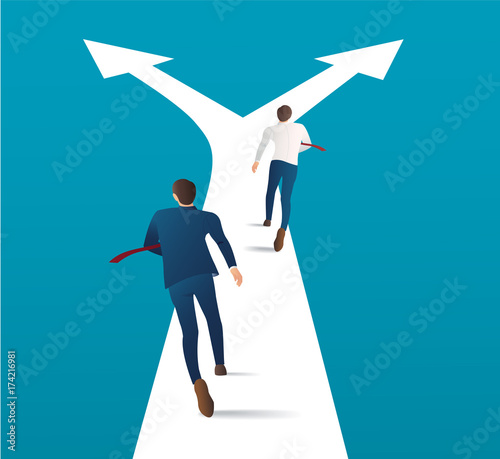 two businessman running on crossroads and making choice vector. business concept illustration. running competition 