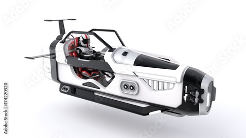 3D illustration of man riding a hover vehicle