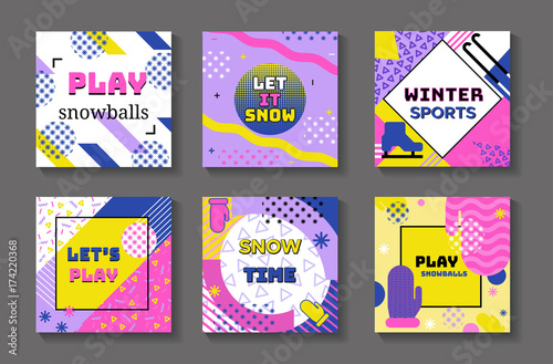 Winter holidays geometric banners set in trendy memphis 90s style with snowballs, lines, frames, sports background or invitation template, cover, card, vector illustration