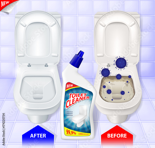 Toilet cleaner gel ads, top view of toilet, effect of cleaner before and after, 3d vector illustration