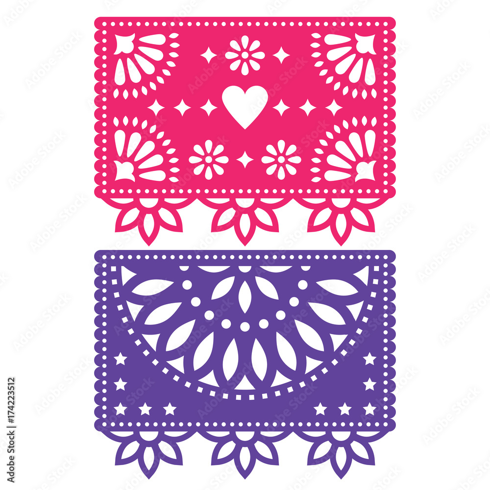 Papel Picado vector template design set, Mexican paper decorations flowers  and geometric shapes, two party banners Stock Vector | Adobe Stock