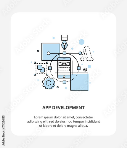 App Development. Design, Interface, layout and performance mobile optimization progress. Logo Style, Application development infographic symbol.
