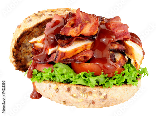 Chicken and bacon sandwich roll isolated on a white background