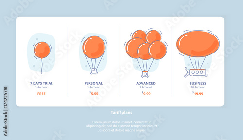 Pricing subscription plan table template for web and application, light style with air balloons. UI UX interface design elements. Price list options for service