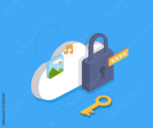 Cloud Identity Security Concept, data protection, internet security. Vector 3d isometry illustration