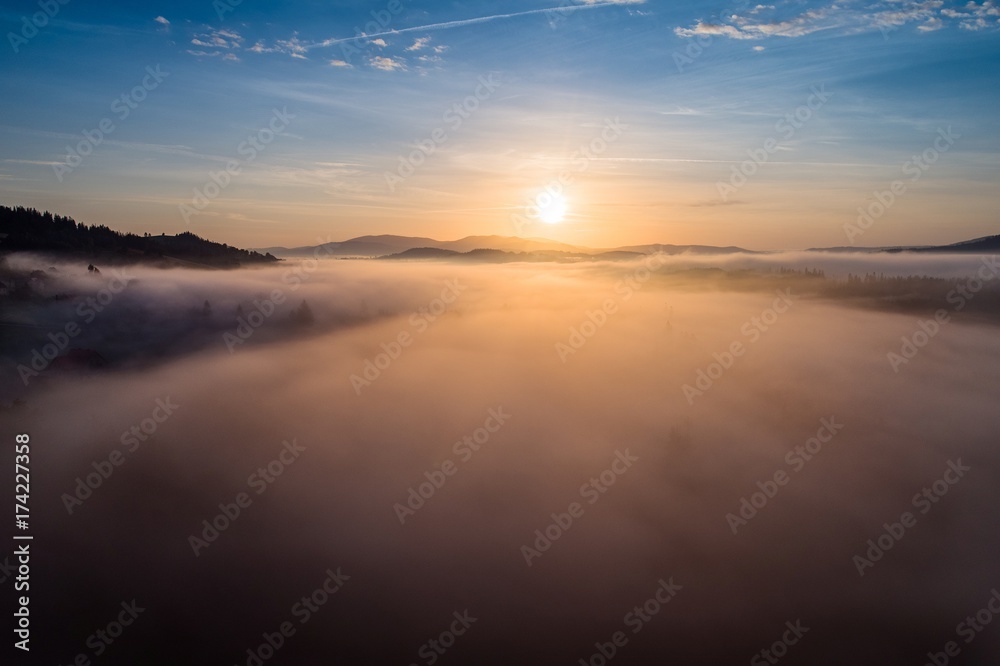 Beautiful foggy sunset in Polish mountains Silesian Beskid. Beautiful foggy sunset in Polish mountains Silesian Beskid.