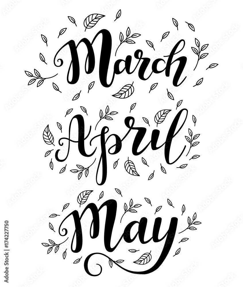 Fototapeta premium Cute brush calligraphy of spring months of the year
