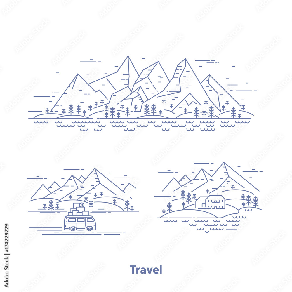 Travel concept set. Flat linear illustration with wild landscapes, house, trees, mountains, minivan and river. Nature exploration collection