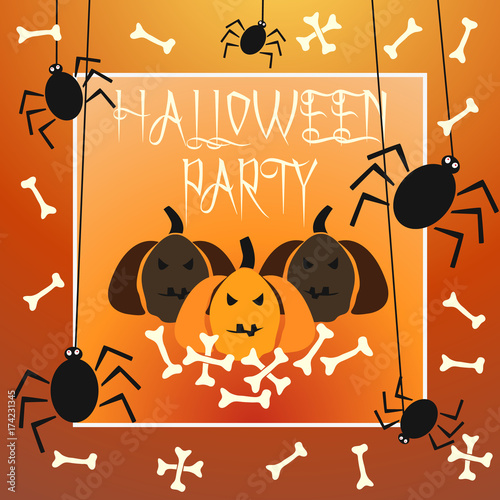 Halloween party card with pumpkin, bone, spider