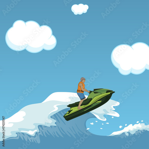 Vector illustration of a rider on a water scooter jumping from the wave.