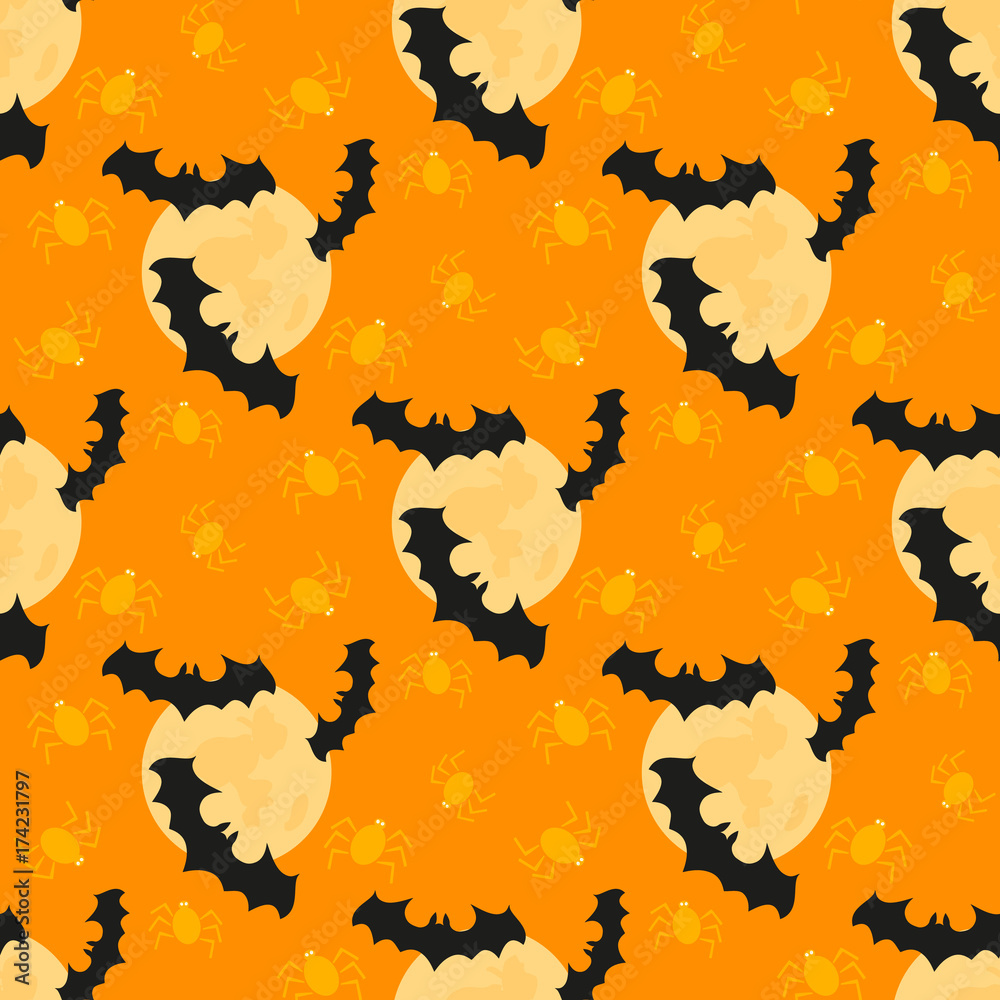 Seamless pattern with bat, moon, spider