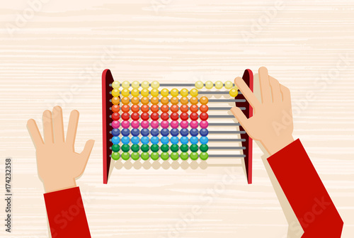 Hand using the abacus calculating tool. Counting frame used for calculations.