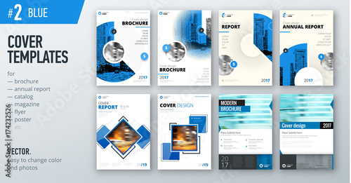 Set of business cover design template in blue color for brochure, report, catalog, magazine or booklet. Creative vector background concept