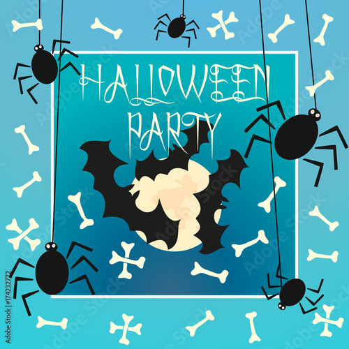 Halloween party card with bat, moon, spider