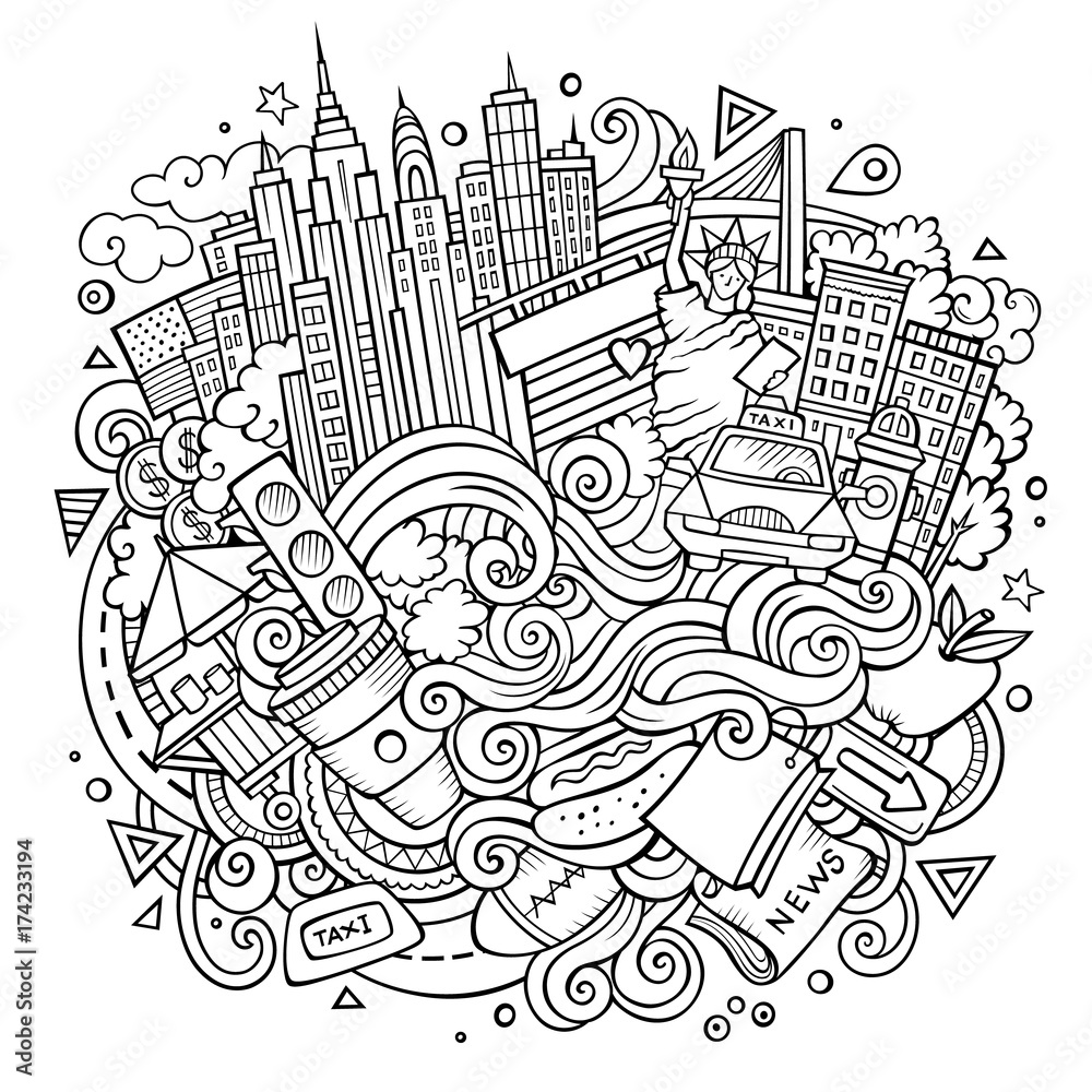 Cartoon cute doodles hand drawn NYC illustration