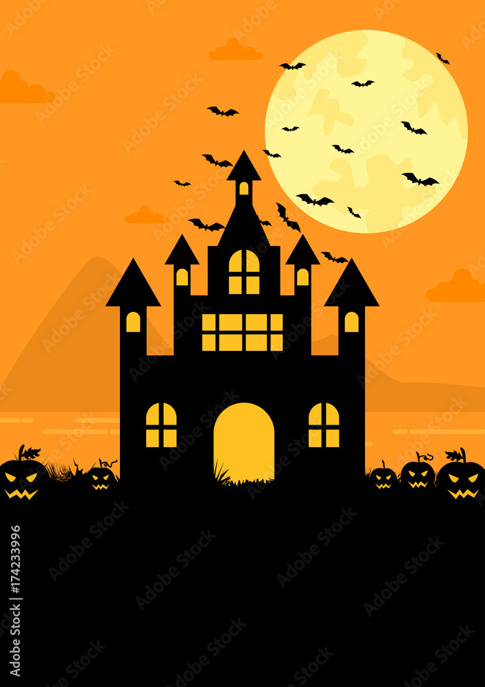 Halloween witch castle scene with bats and pumpkins