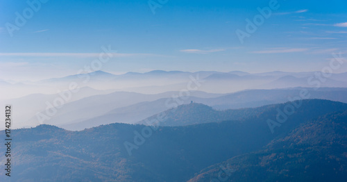 Landscape of beautiful black forest, Germany. Silhouette of hills close to Alsace, France.