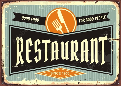 Restaurant sign with knife and fork symbol. Diner signboard template. Food and drinks advertisement.