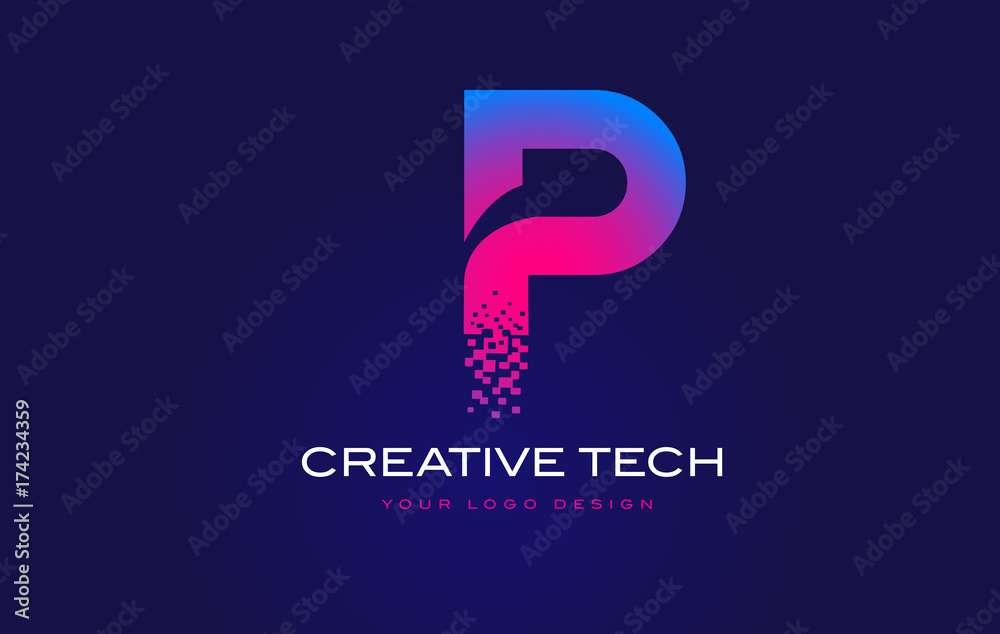 P Initial Letter Logo Design with Digital Pixels in Blue Purple Colors.