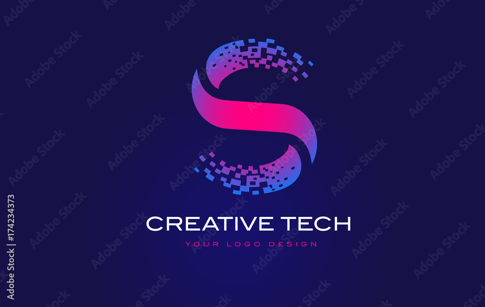 S Initial Letter Logo Design with Digital Pixels in Blue Purple Colors.