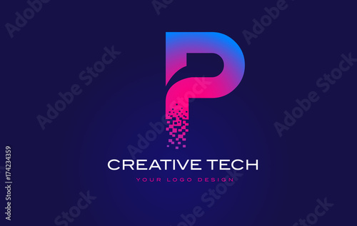 P Initial Letter Logo Design with Digital Pixels in Blue Purple Colors. photo