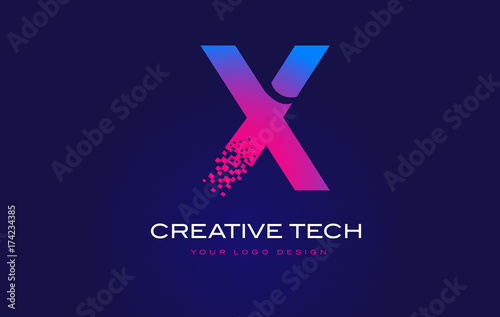 X Initial Letter Logo Design with Digital Pixels in Blue Purple Colors.