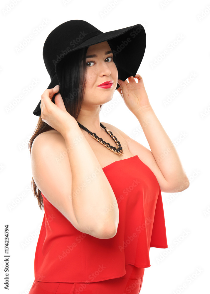 Beautiful stylish overweight woman on white background