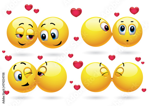 Cute smiley emoji feeling in love. Smiley kissing another smiley.