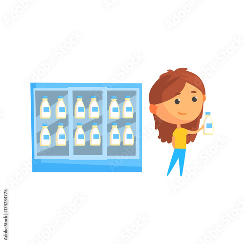 Wallpaper Mural Store fridge with dairy products, young woman buying milk in supermarket cartoon vector Illustration Torontodigital.ca
